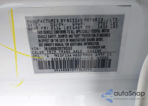 2024 Nissan Sentra S Xtronic Cvt z USA, uszkodzony, nr VIN 3N1AB8BV2RY365243